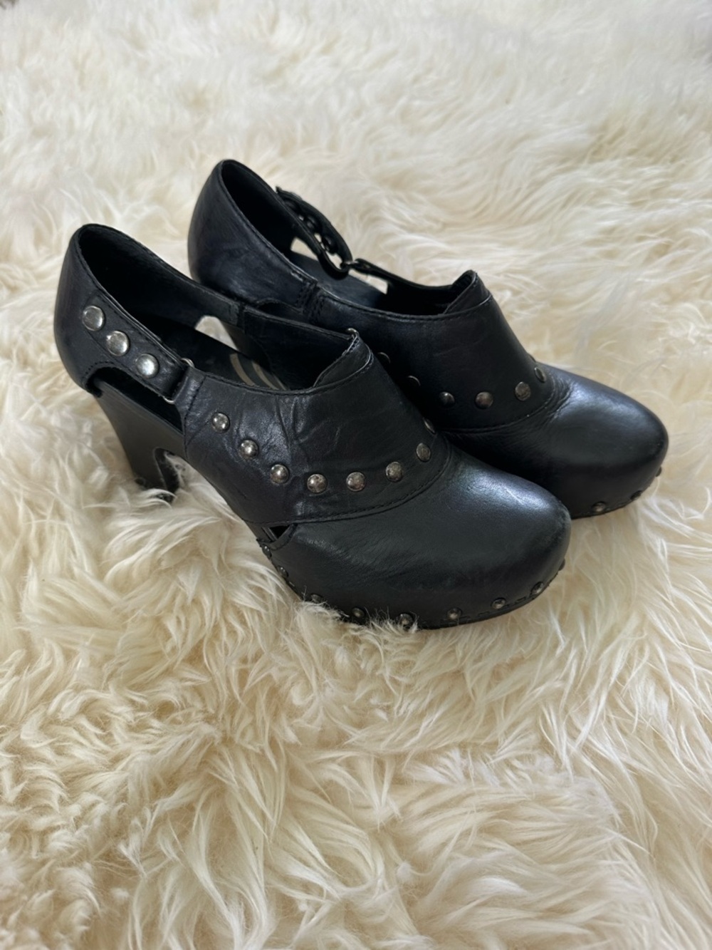 Dansko Ryder Women's Black Leather Studded Platform Wooden Heeled Clogs